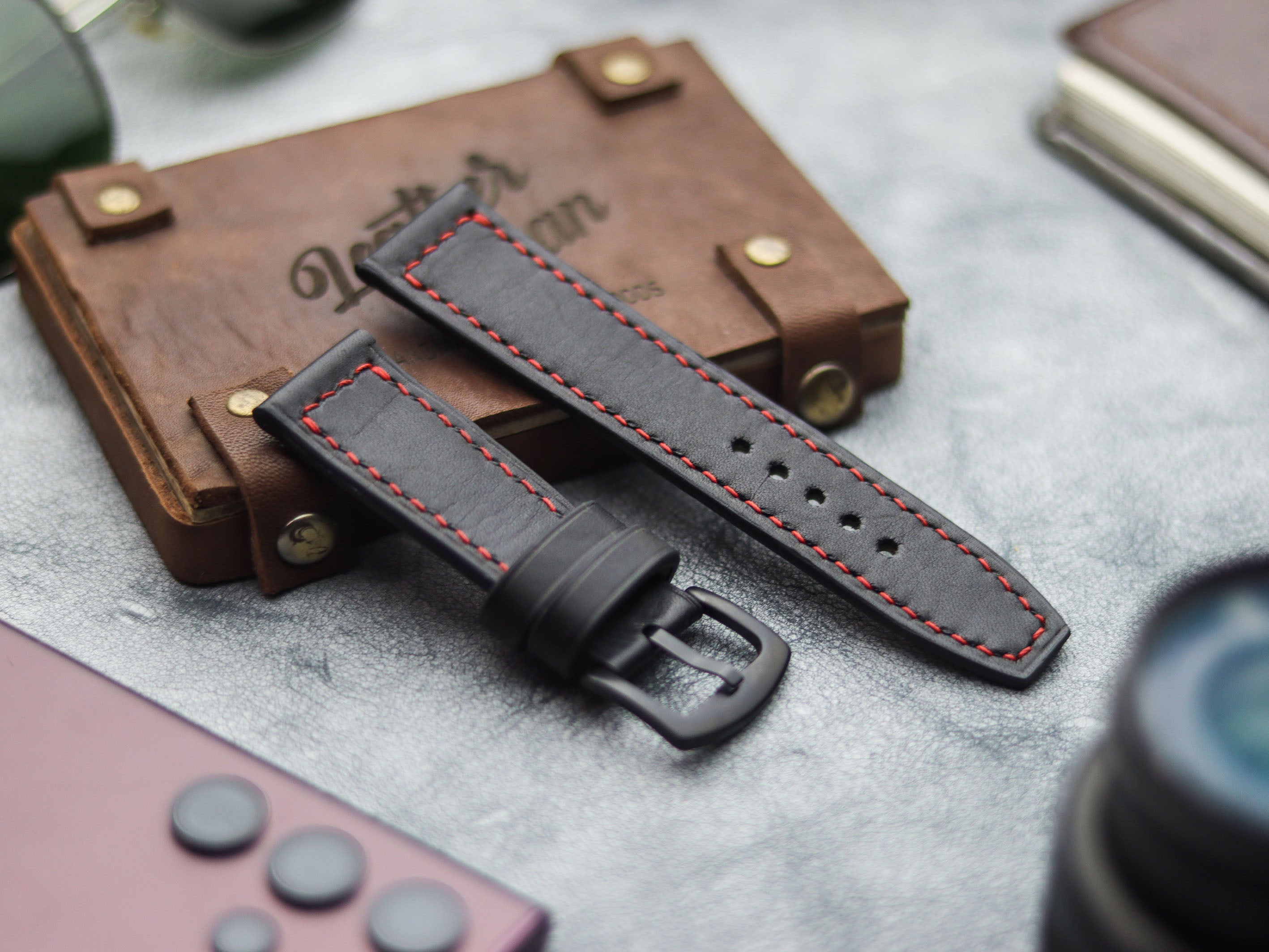 PHANTOM BLACK HAND-CRAFTED WATCH STRAPS - BOX STITCHED